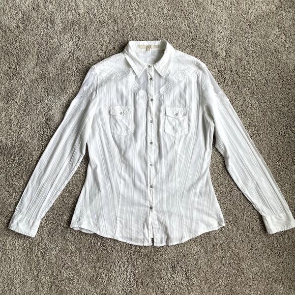 Y2K Guess White Mesh Embroidery Snap Button Women's Shirt Size L - Picture 2 of 16